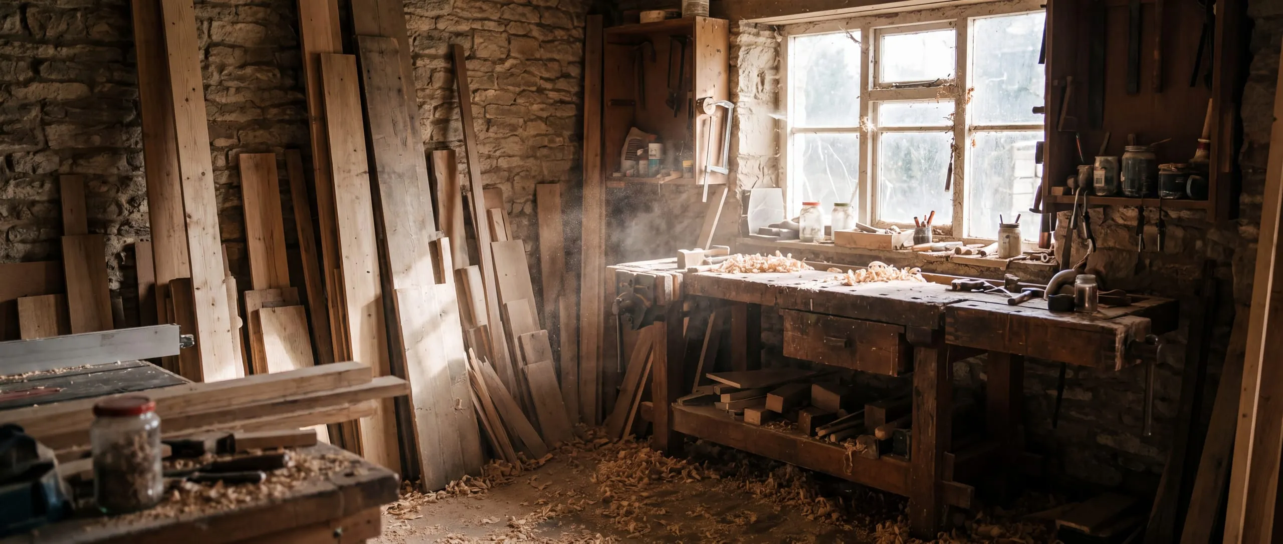A small joinery workshop with timber stacked against the wall and a bench under the window