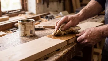 A cloth spreading hardwax oil across bare oak, the wet edge darker than the dry timber