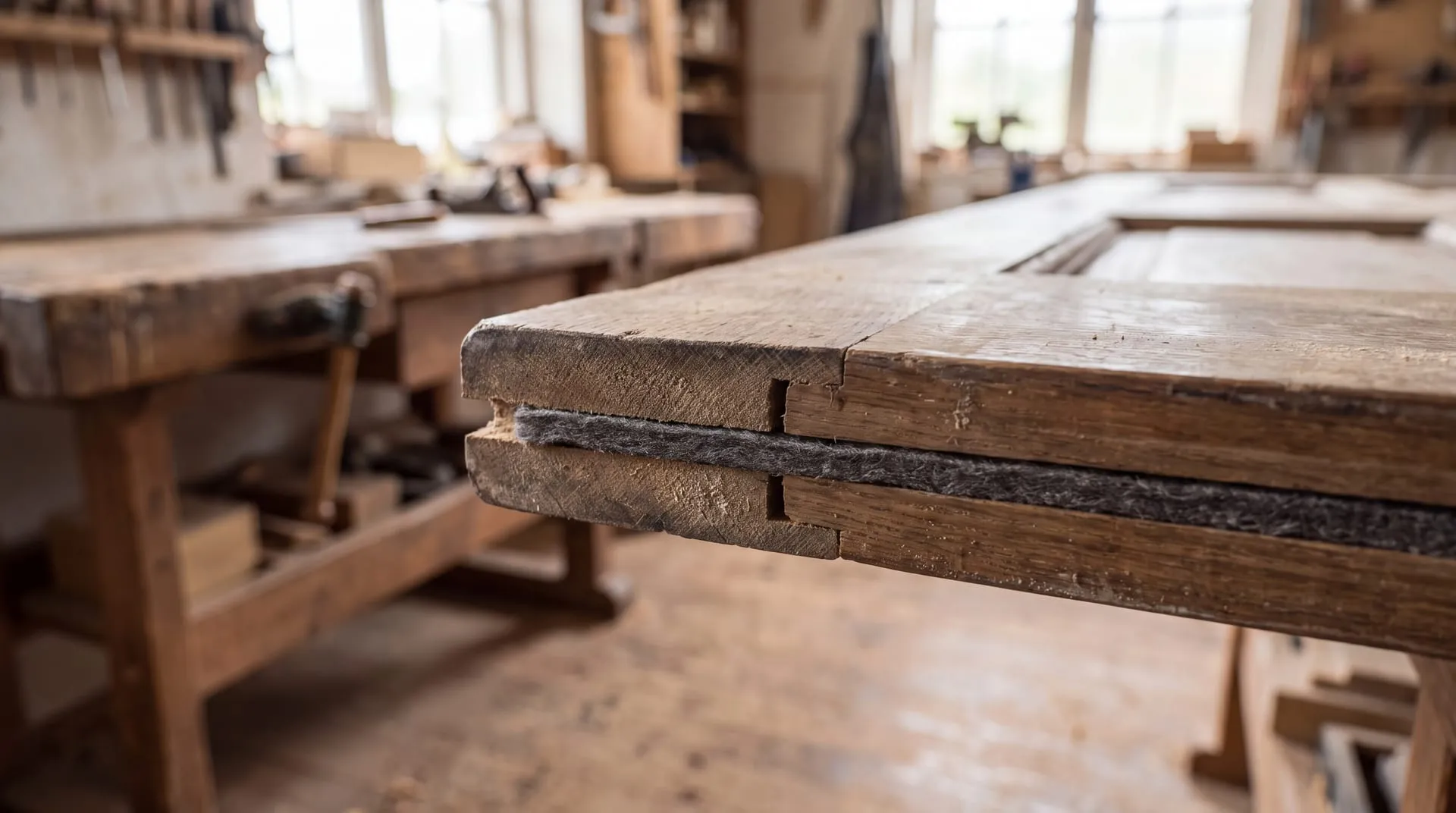 An intumescent strip seated in the routed groove along the edge of a heavy timber door leaf