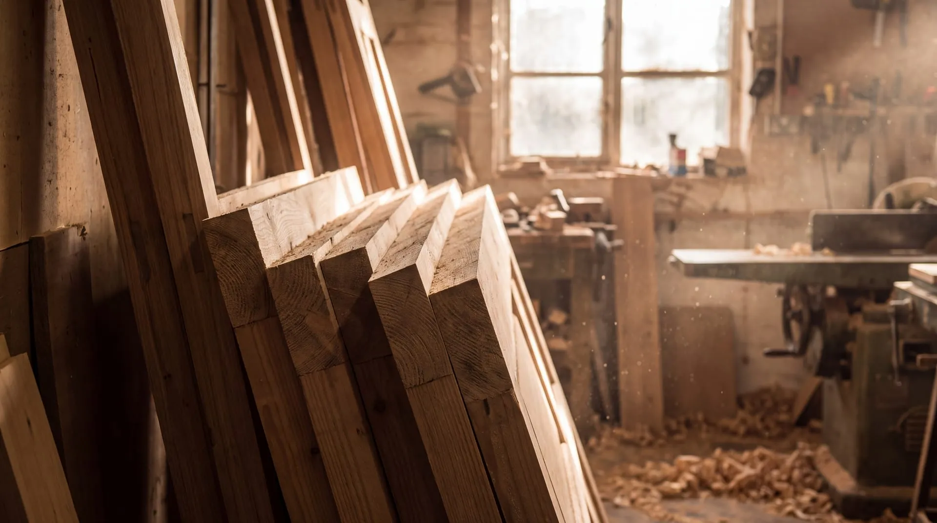 Timber door linings stacked on edge in a joinery workshop, end grain towards the camera