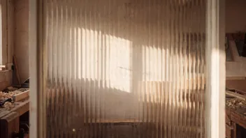 Reeded glass catching low sun, its fluting throwing vertical bands of light onto a pale wall