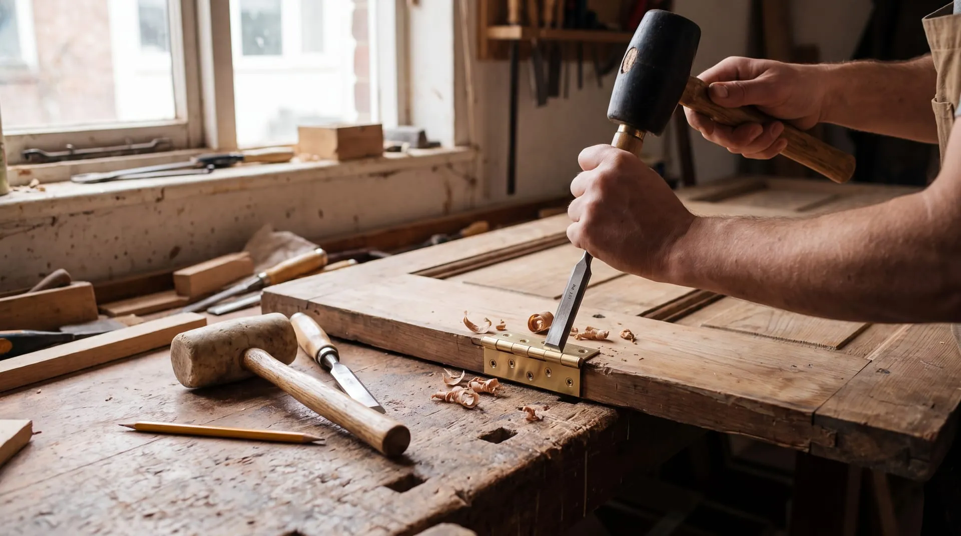 A brass butt hinge being chiselled into the edge of a timber door, a chisel and mallet alongside