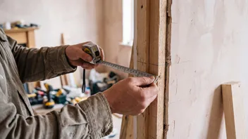 A steel tape measure held against the timber lining of a door opening in a part-renovated house
