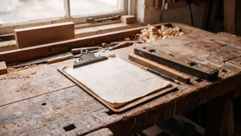 A clipboard of technical drawings with a scale rule, a pencil and a spirit level on a bench