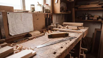 A folding boxwood rule, a steel rule and a pencilled cutting list on a workbench in daylight