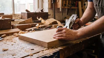 A hand plane taking a fine shaving off the edge of a timber board on a workbench