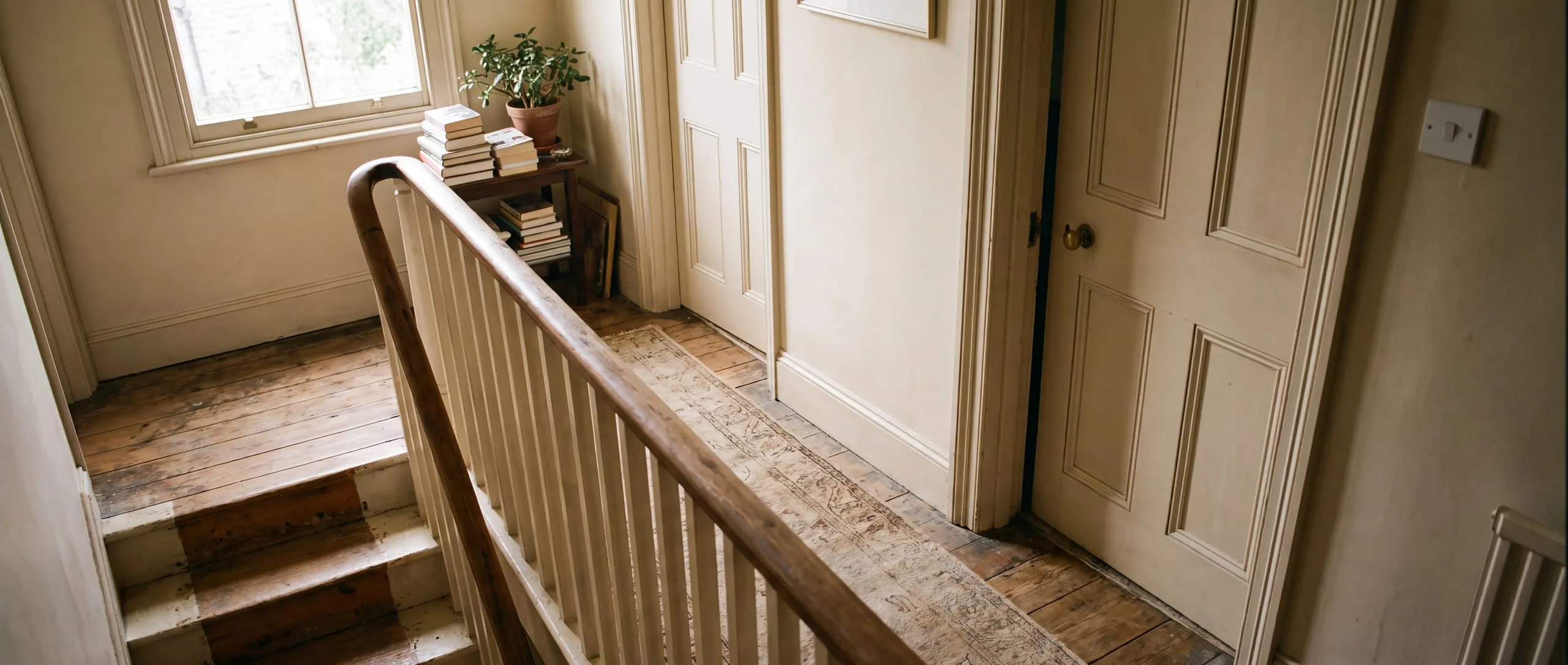 A domestic landing at the top of a stairwell, closed doors and a banister in the foreground, in neutral daylight