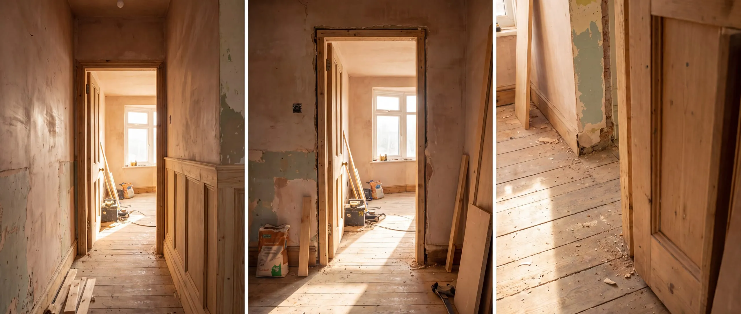 An empty door opening in a renovated hallway, timber lining and bare plaster, morning light across the floorboards