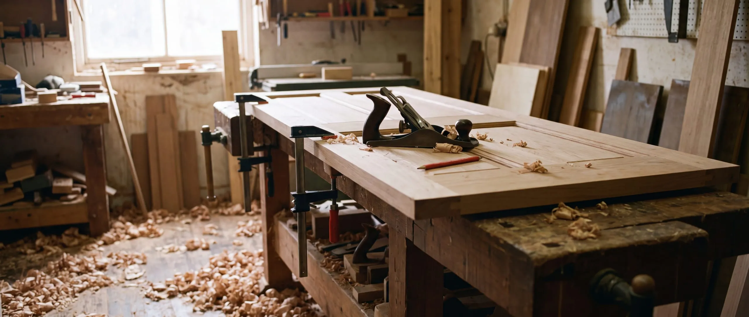 A timber door leaf clamped flat on a workbench with a block plane and a pencil resting on it